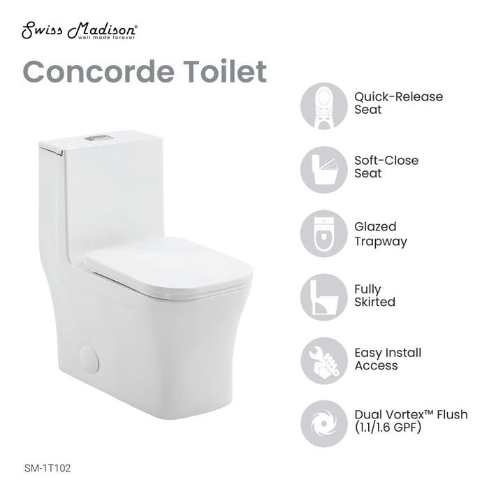 Swiss Madison Concorde One-Piece Square Toilet, 14" Rough-In 1.1/1.6 gpf - SM-1T102