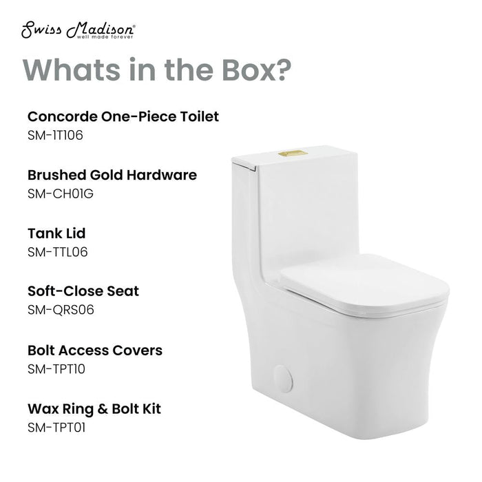 Swiss Madison Concorde One Piece Square Toilet Dual Flush, Brushed Gold Hardware 1.1/1.6 gpf - SM-1T106HG