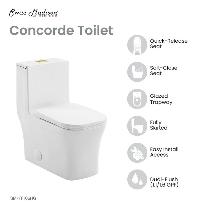 Swiss Madison Concorde One Piece Square Toilet Dual Flush, Brushed Gold Hardware 1.1/1.6 gpf - SM-1T106HG