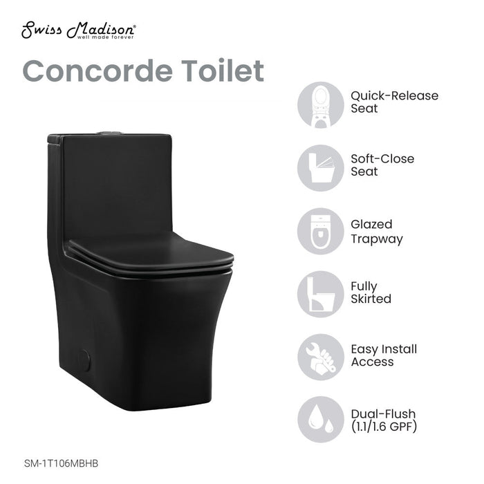 Swiss Madison Concorde One Piece Square Toilet Dual Flush in Matte Black, Black Hardware 1.1/1.6 gpf - SM-1T106MBHB