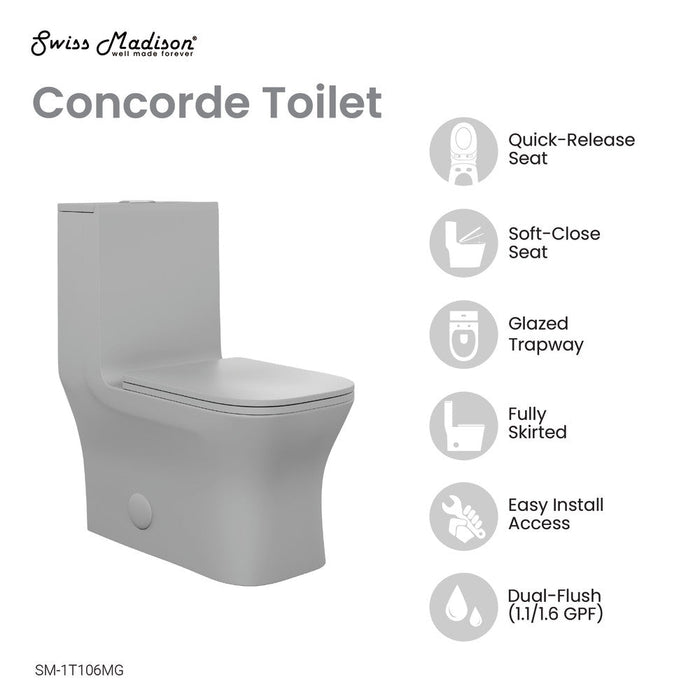 Swiss Madison Concorde One Piece Square Toilet Dual Flush in Matte Grey 1.1/1.6 gpf - SM-1T106MG