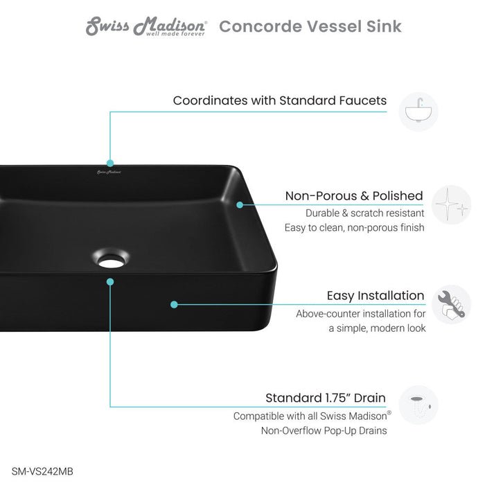 Swiss Madison Concorde Rectangle Ceramic Vessel Sink, Matte Black - SM-VS242MB