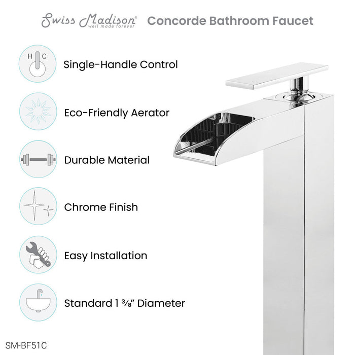 Swiss Madison Concorde Single Hole, Single-Handle, High Arc Waterfall, Bathroom Faucet in Chrome - SM-BF51C