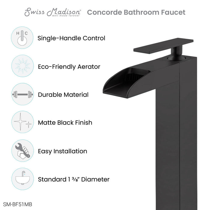 Swiss Madison Concorde Single Hole, Single-Handle, High Arc Waterfall, Bathroom Faucet in Matte Black - SM-BF51MB