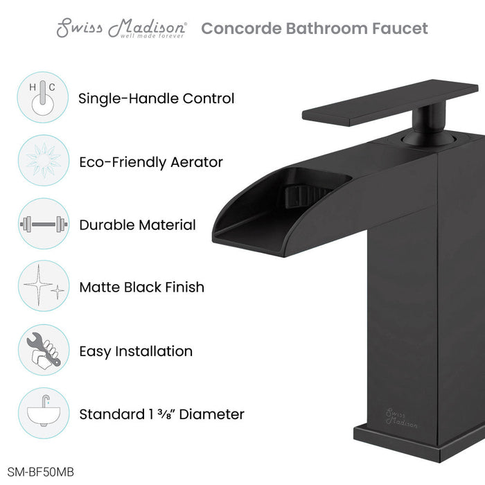 Swiss Madison Concorde Single Hole, Single-Handle, Waterfall Bathroom Faucet in Matte Black - SM-BF50MB