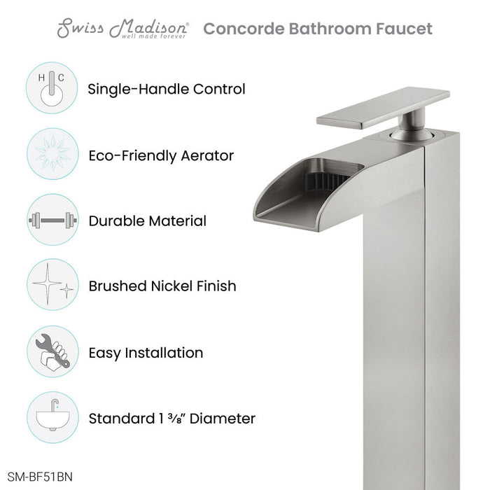 Swiss Madison Concorde Single Hole, Single-Handle, High Arc Waterfall, Bathroom Faucet in Brushed Nickel - SM-BF51BN