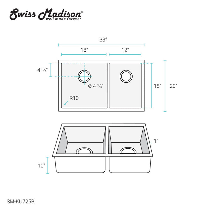 Swiss Madison Rivage 33 x 20 Stainless Steel, Dual Basin, Undermount Kitchen Sink in Black - SM-KU725B