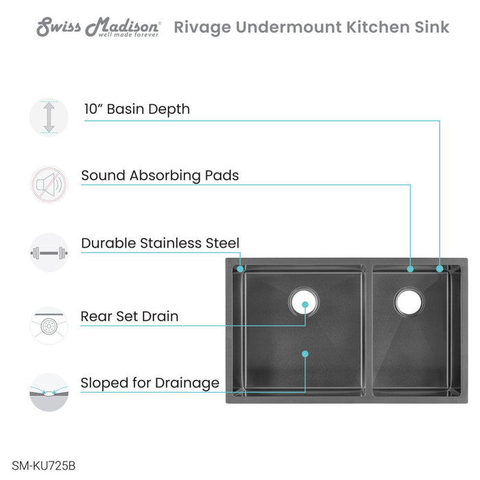 Swiss Madison Rivage 33 x 20 Stainless Steel, Dual Basin, Undermount Kitchen Sink in Black - SM-KU725B