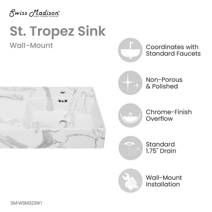 Swiss Madison St. Tropez 24" Right Side Faucet Wall-Mount Bathroom Sink in White Marble - SM-WSM323W1