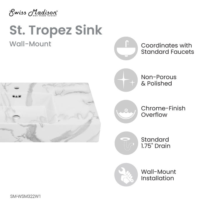 Swiss Madison St. Tropez 24" Left Side Faucet Wall-Mount Bathroom Sink in White Marble - SM-WSM322W1