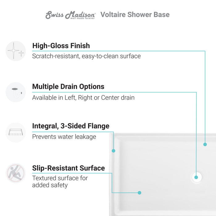 Swiss Madison Voltaire 60" x 36" Acrylic White, Single-Threshold, Center Drain, Shower Base - SM-SB523