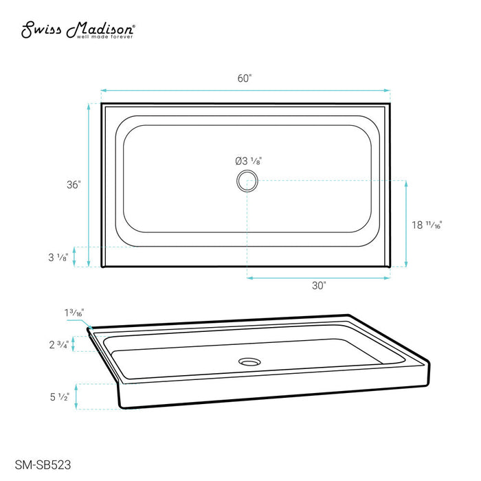 Swiss Madison Voltaire 60" x 36" Acrylic White, Single-Threshold, Center Drain, Shower Base - SM-SB523