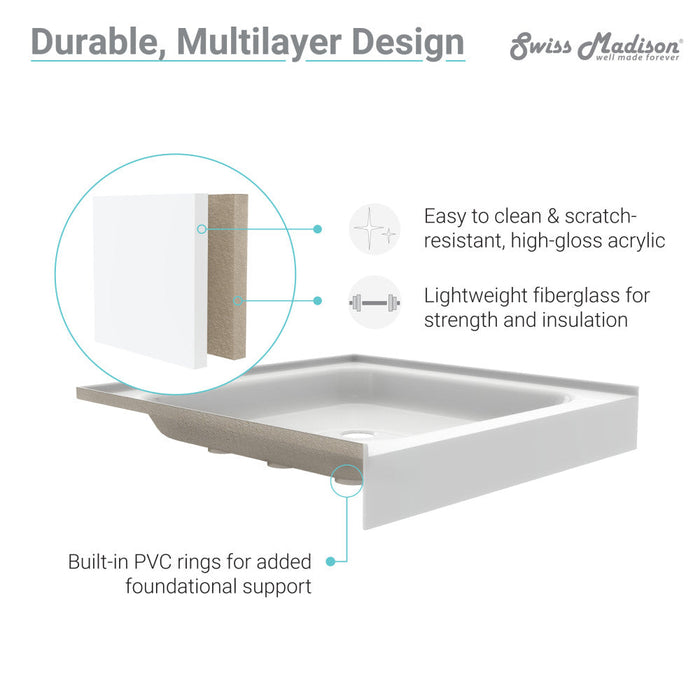 Swiss Madison Voltaire 60" x 36" Acrylic White, Single-Threshold, Center Drain, Shower Base - SM-SB523