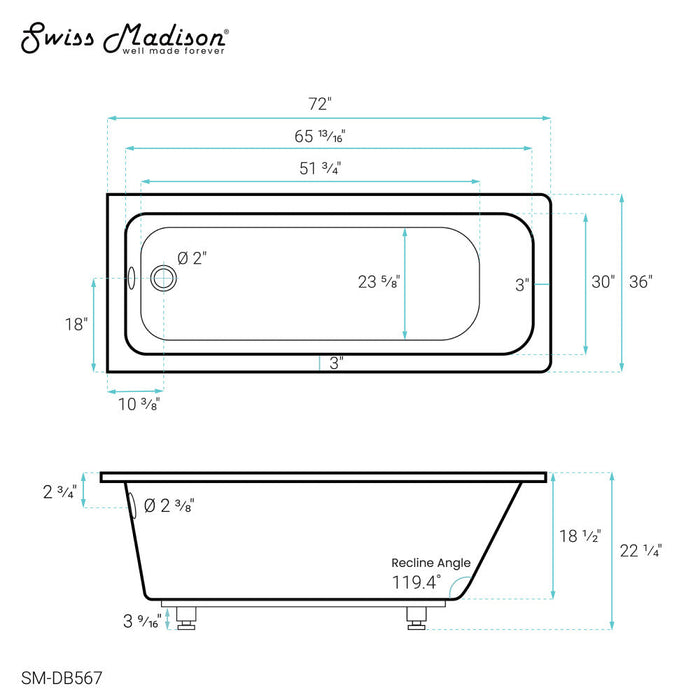 Swiss Madison Voltaire 72" x 36" Reversible Drain Drop-In Bathtub - SM-DB567