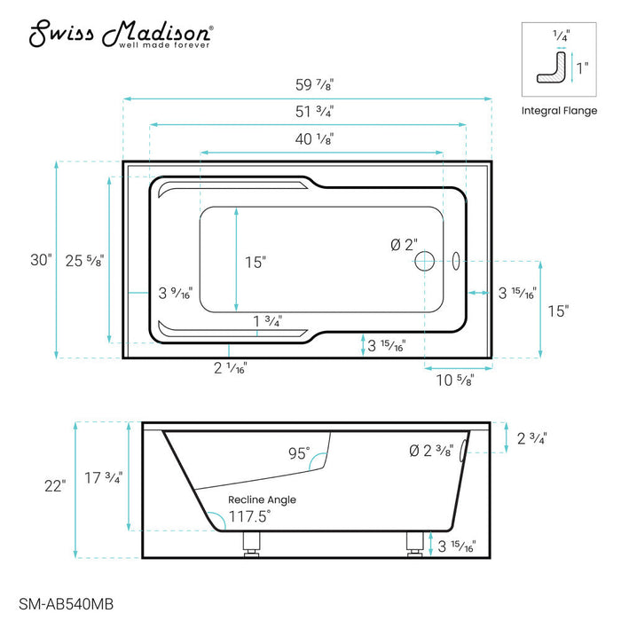 Swiss Madison Voltaire 60" x 30" Right-Hand Drain Alcove Bathtub with Apron in Matte Black - SM-AB540MB