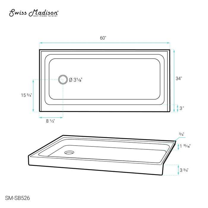 Swiss Madison Voltaire 60" x 34" Acrylic White, Single-Threshold, Left Side Drain, Shower Base - SM-SB526