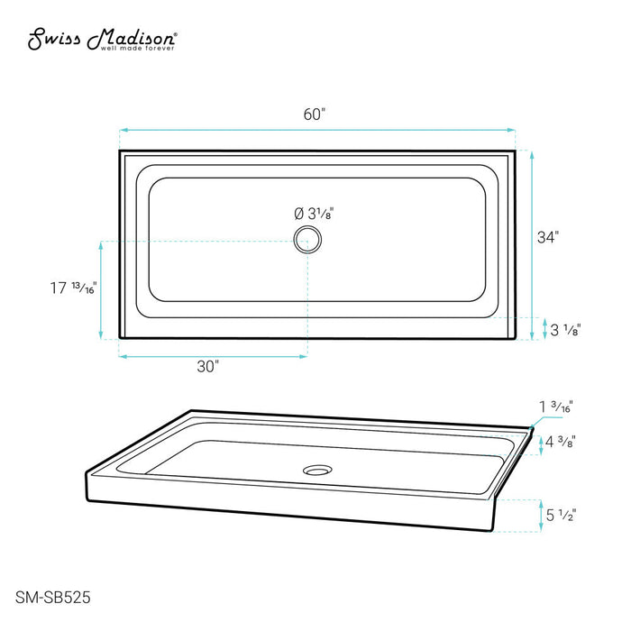 Swiss Madison Voltaire 60" x 34" Acrylic White, Single-Threshold, Center Drain, Shower Base - SM-SB525