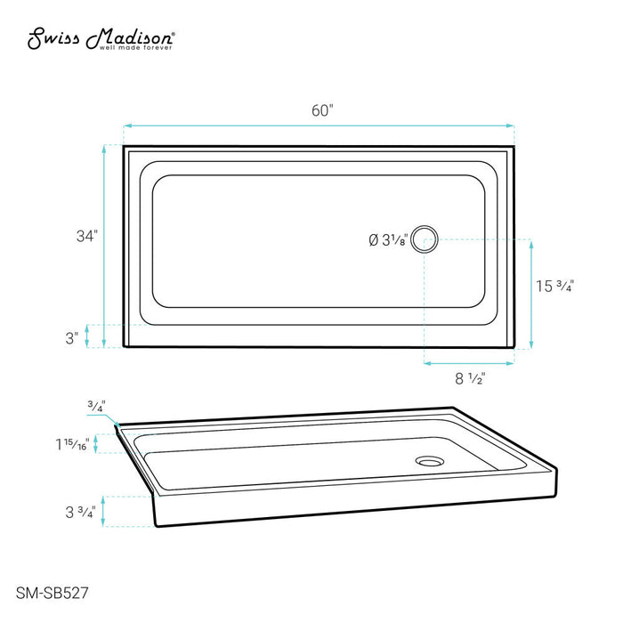 Swiss Madison Voltaire 60" x 34" Acrylic White, Single-Threshold, Right Side Drain, Shower Base - SM-SB527