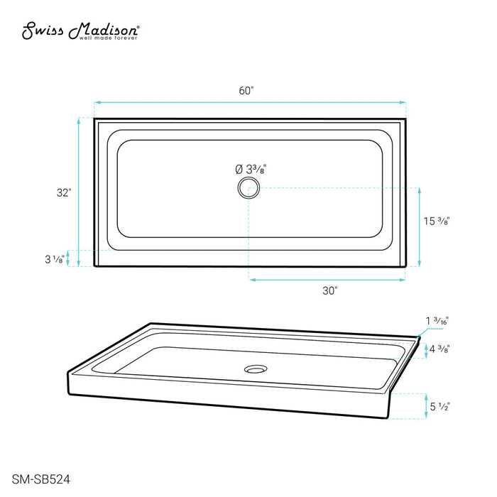 Swiss Madison Voltaire 60" x 32" Acrylic White, Single-Threshold, Center Drain, Shower Base - SM-SB524