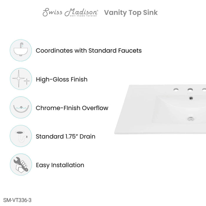 Swiss Madison 36" Ceramic Vanity Top with Three Faucet Holes