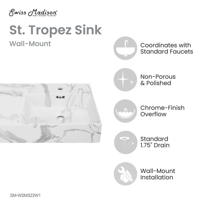 Swiss Madison St. Tropez 24" Right Side Faucet Wall-Mount Bathroom Sink in White Marble