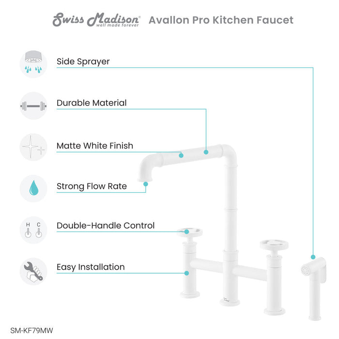 Swiss Madison Avallon Pro Widespread Kitchen Faucet with Side Sprayer in Matte White