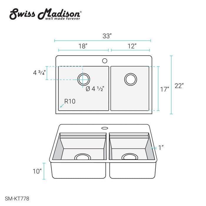 Swiss Madison Ravi Dual Basin 33 x 22 Topmount Kitchen Workstation Sink