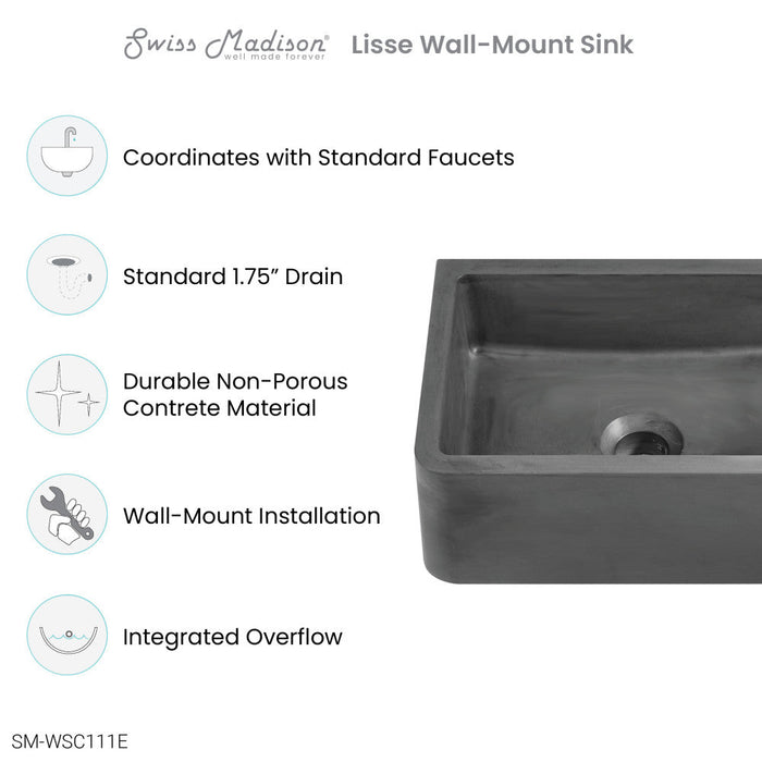 Swiss Madison Lisse 16" Rectangle Concrete Wall-Mount Bathroom Sink in Dark Grey