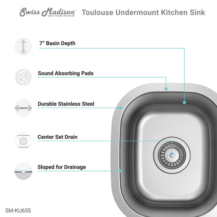 Swiss Madison Toulouse 13 x 15 Stainless Steel Single Basin Undermount Kitchen Sink