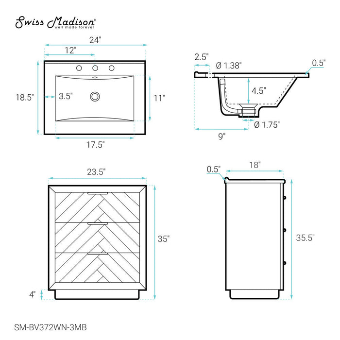 Swiss Madison Daxton 24 in. Brown Walnut Bathroom Vanity With Black, 3-Hole Ceramic Sink Top - SM-BV372WN-3MB