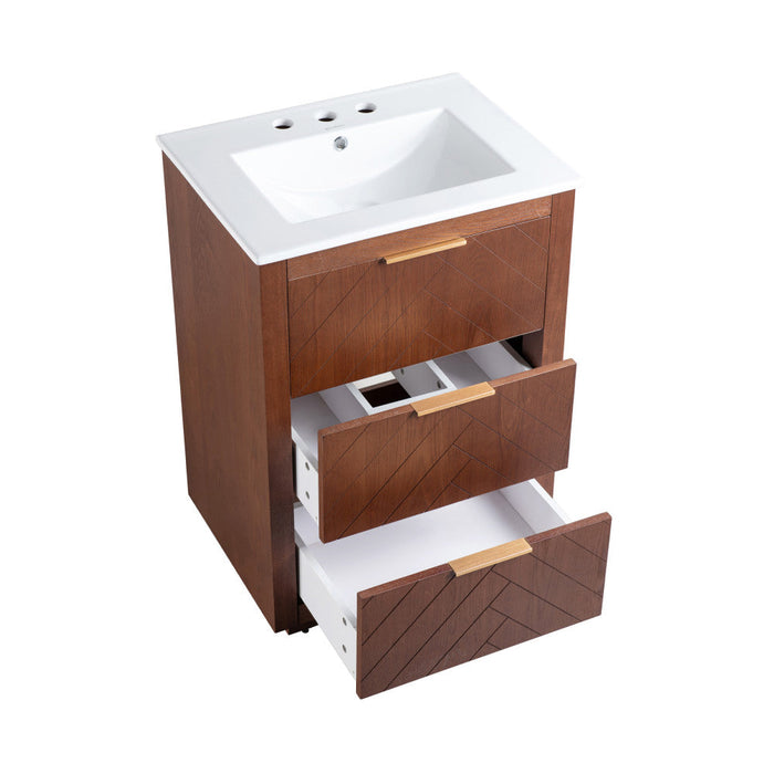 Swiss Madison Daxton 24 in. Brown Walnut Bathroom Vanity With White, 3-Hole Ceramic Sink Top - SM-BV372WN-3