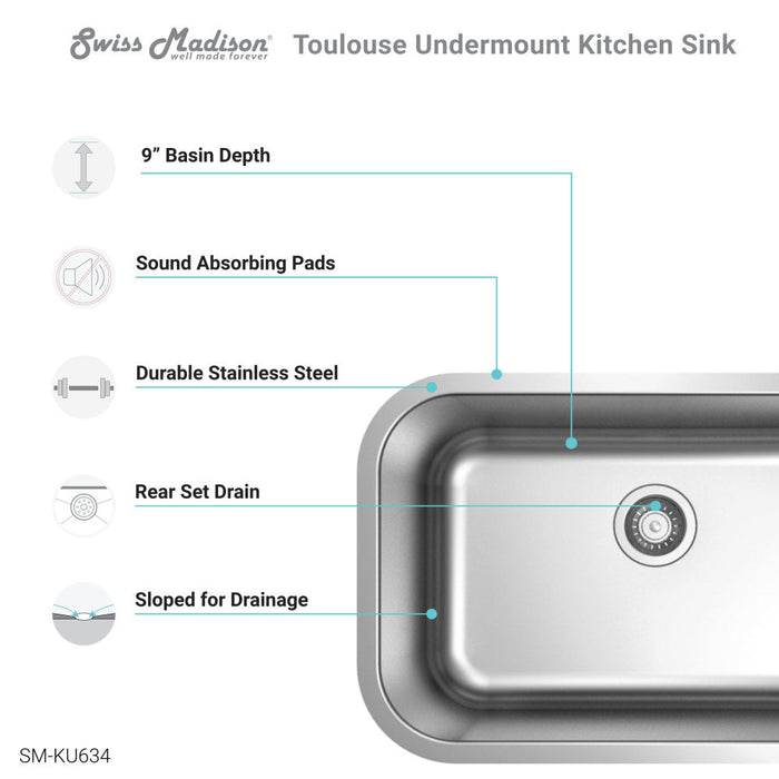 Swiss Madison Toulouse 27 x 18 Stainless Steel, Single Basin, Undermount Kitchen Sink
