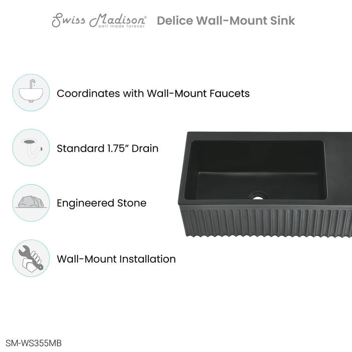 Swiss Madison Delice 24" Rectangle Wall-Mount Bathroom Sink in Matte Black - SM-WS355MB