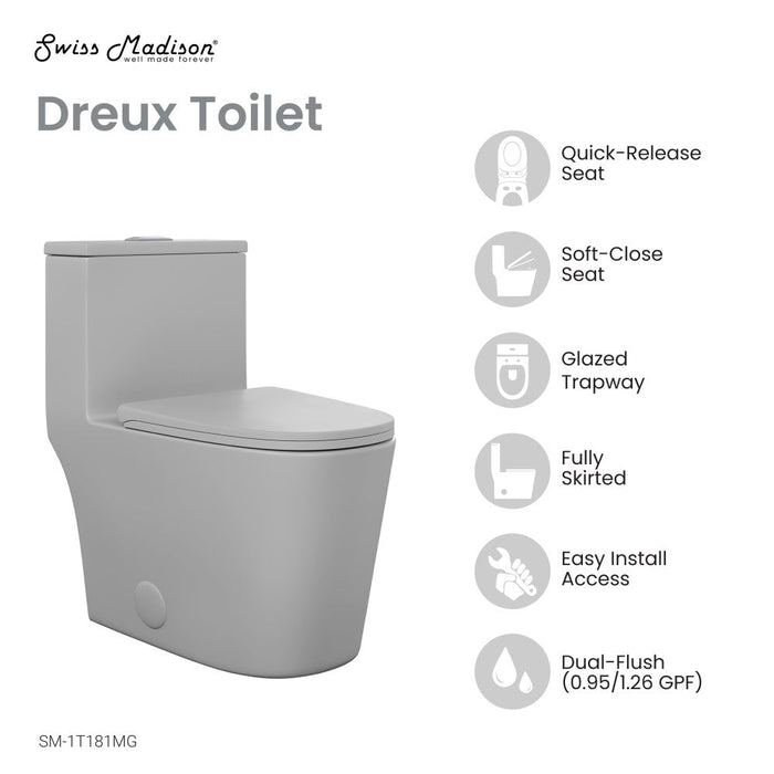 Swiss Madison Dreux One Piece Elongated Dual Flush Toilet in Matte Grey 0.95/1.26 GPF - SM-1T181MG