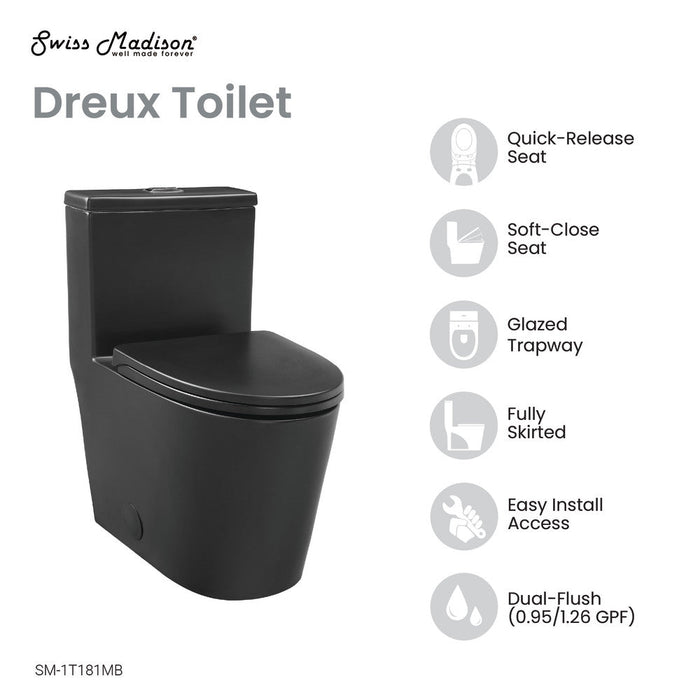 Swiss Madison Dreux One Piece Elongated Dual Flush Toilet with 0.95/1.26 GPF in Matte Black - SM-1T181MB