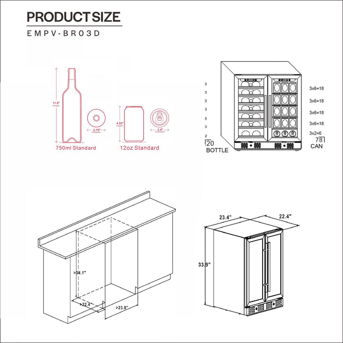 Empava 24" Dual Zone Wine and Beer Fridge Beverage Cooler EMPV-BR03D