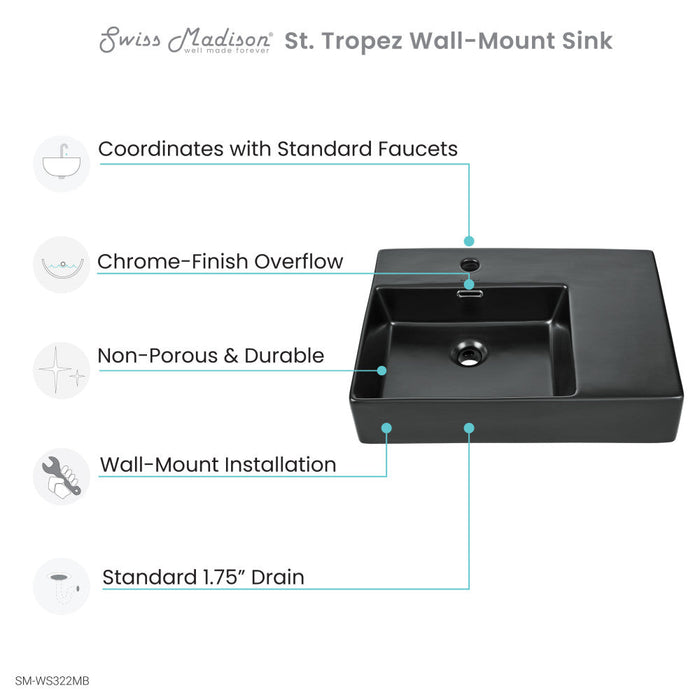 Swiss Madison St. Tropez 24 x 18 Ceramic Wall Hung Sink with Left Side Faucet Mount, Matte Black