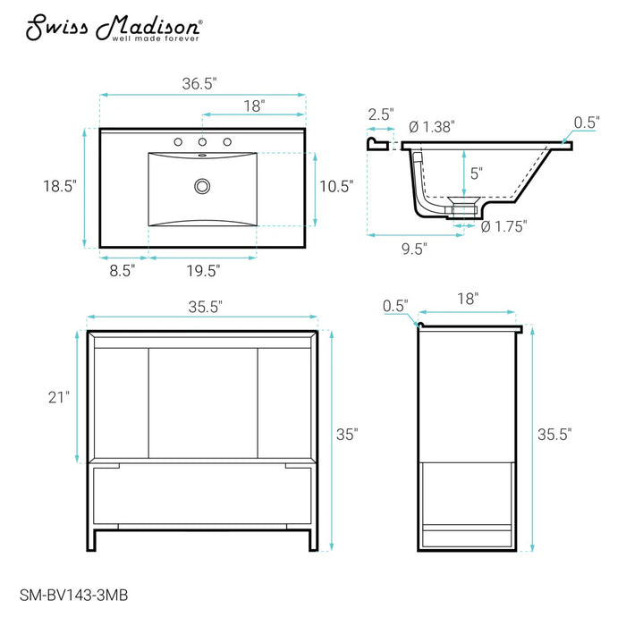 Swiss Madison Marseille 36 in. Gray Bathroom Vanity With Black, 3-Hole Ceramic Sink Top - SM-BV143-3MB