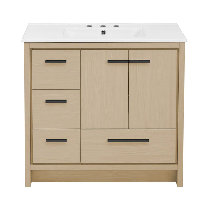 Swiss Madison Virage 36 in. Brown Oak Bathroom Vanity With White, 3-Hole Ceramic Sink Top - SM-BV750K-3