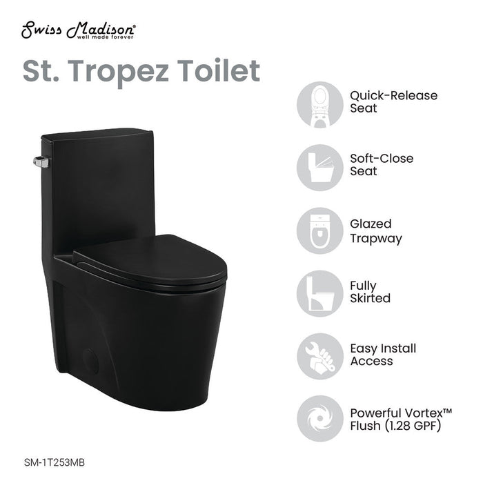 Swiss Madison St. Tropez One-Piece Elongated Toilet Left Side Vortex Flush Handle in Matte Black 1.28 gpf