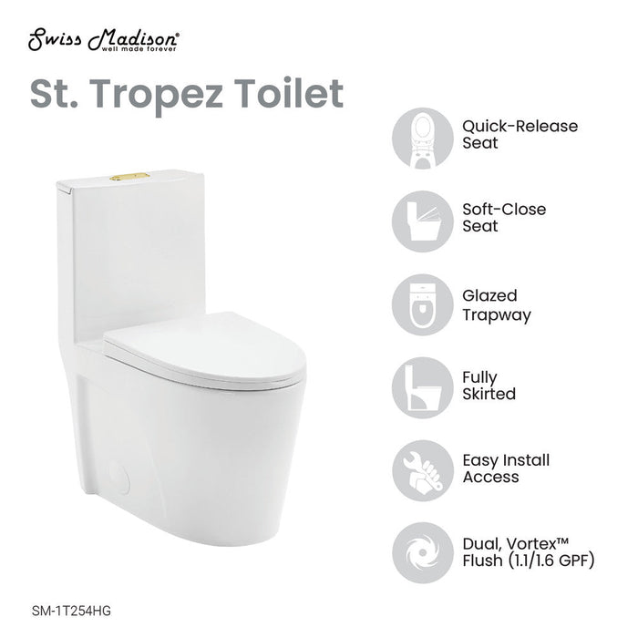 Swiss Madison St. Tropez One Piece Elongated Toilet Dual Vortex Flush, Gold Hardware