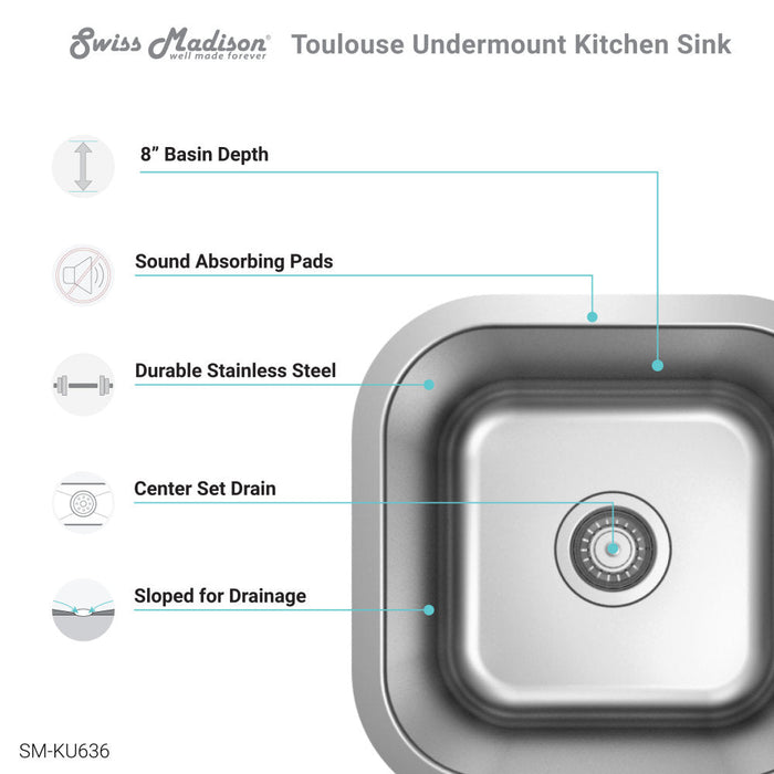 Swiss Madison Toulouse 16 x 16 Stainless Steel, Single Basin, Undermount Kitchen Sink