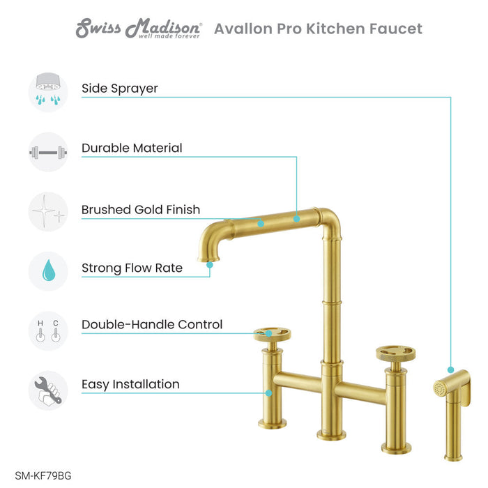 Swiss Madison Avallon Pro Widespread Kitchen Faucet with Side Sprayer in Brushed Gold