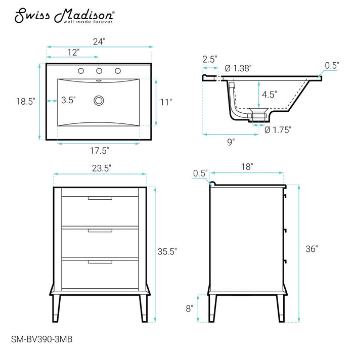 Swiss Madison Hugo 24 in. Brown Oak Bathroom Vanity With Black, 3-Hole Ceramic Sink Top - SM-BV390-3MB