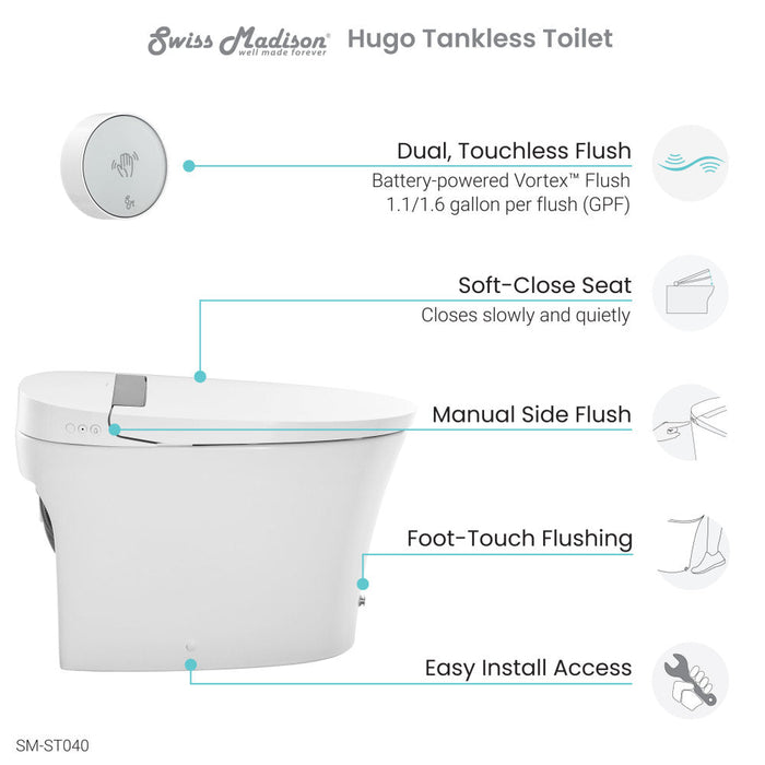 Swiss Madison Hugo Smart Tankless Elongated Toilet, Touchless Vortex™ Dual-Flush 1.1/1.6 gpf - SM-ST040