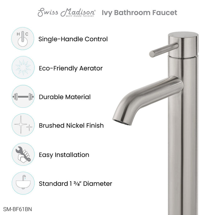 Swiss Madison Ivy Single Hole, Single-Handle, High Arc Bathroom Faucet in Brushed Nickel - SM-BF61BN