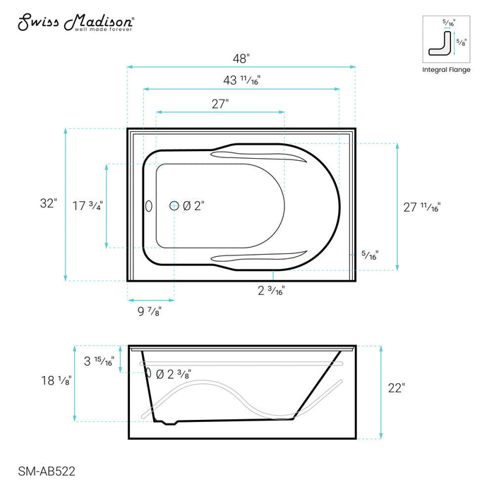 Swiss Madison Ivy 48'' x 32" Bathtub with Apron Left Hand Drain in White - SM-AB522