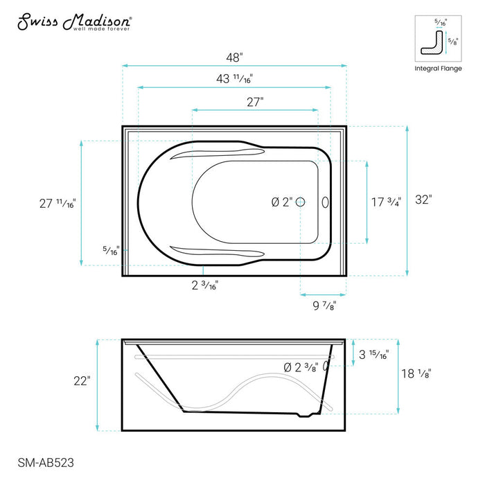 Swiss Madison Ivy 48'' x 32" Bathtub with Apron Right Hand Drain in White - SM-AB523