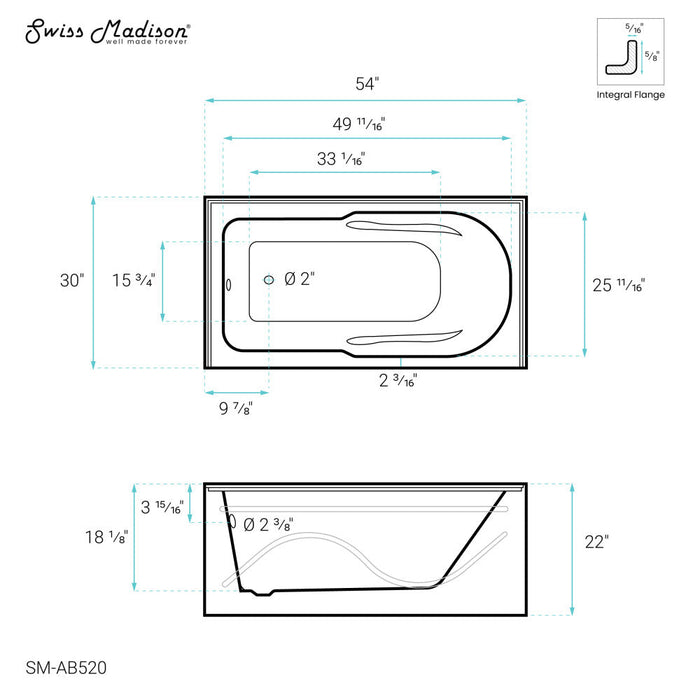 Swiss Madison Ivy 54'' x 30" Bathtub with Apron Left Hand Drain in White - SM-AB520