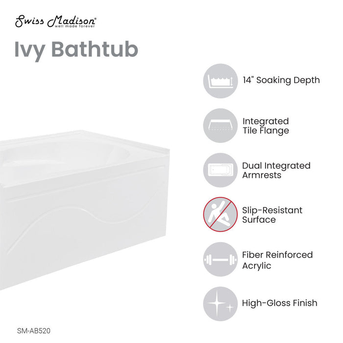 Swiss Madison Ivy 54'' x 30" Bathtub with Apron Left Hand Drain in White - SM-AB520